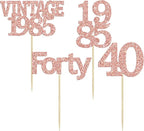 Gyufise 24Pcs Happy 40th Birthday Cupcake Toppers Glitter Forty 40 Fabulous Vintage 1985 Cake Toppers for 40th Birthday Wedding Anniversary Party Cake Decorations Supplies Rose Gold