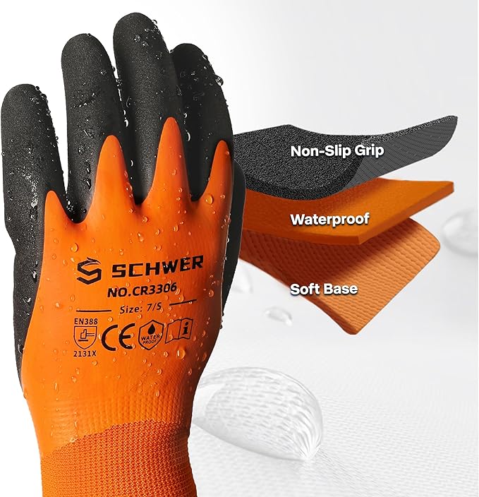 Schwer 2 Pairs Waterproof Work Gloves for Men and Women CR3306, Gardening Gloves with Double Latex Coated, Non-slip Working Gloves for Garden, Outdoor Construction, Car and Fish Cleaning, M
