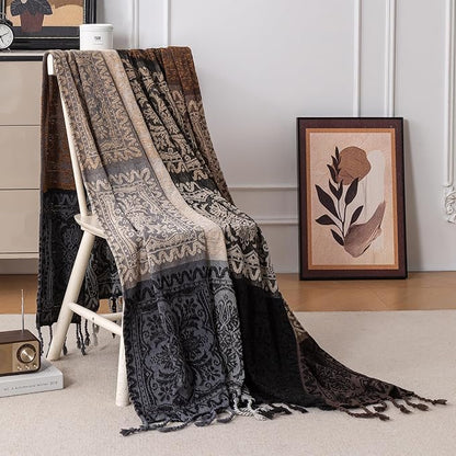 Boho Throw Blanket, Chenille Jacquard Tassels Throw Blankets - Image 8