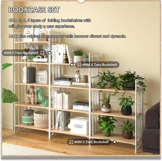 4NM No Assembly 4 Tiers Folding Bookshelf, 47.2" H Foldable Storage Shelves - Image 6