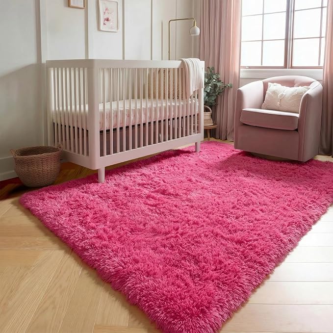 Hot Pink Rugs for Living Room Bedroom, Fluffy 5x8 Bedside Area Rug, Soft Plush - Image 7