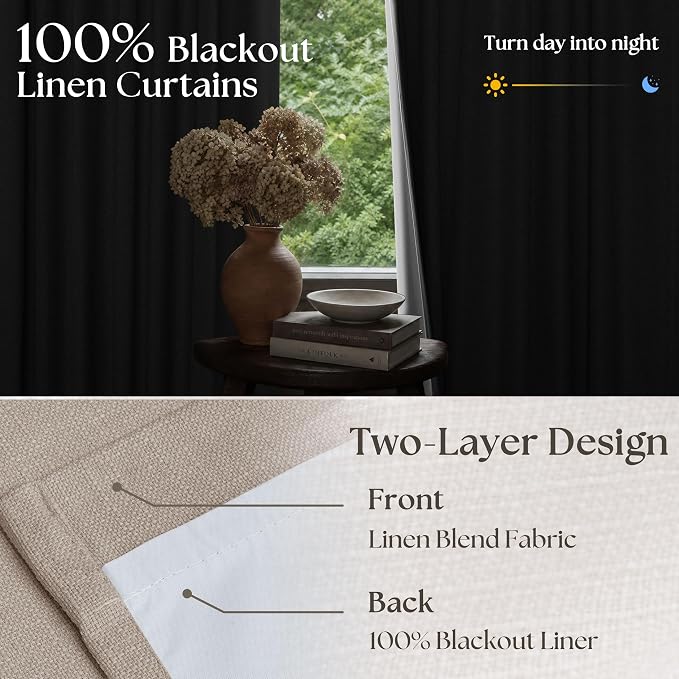 Burlywood Birch Pinch Pleated Blackout 100 Inch Linen Curtains Dual Layer | - Image 3