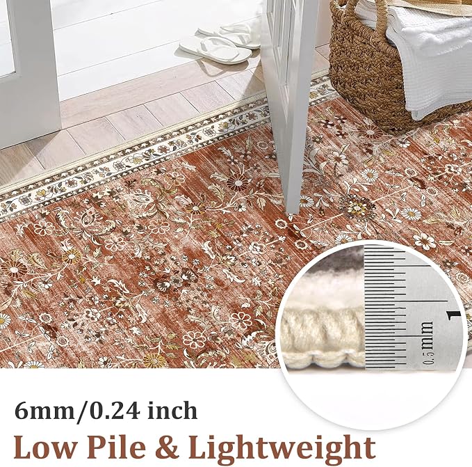 Yamaziot 2x12 Washable Hallway Runner Rug Non Slip Floral Carpet, Brick-red | - Image 3