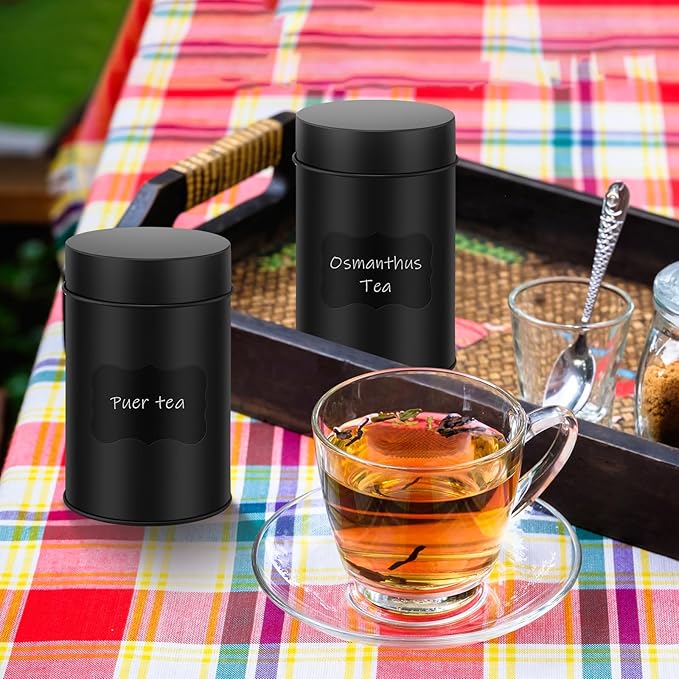Tanlade 10 Pcs Tea Tin Canister Metal Round Can with Airtight Lid Double Sealed Tea Tin Canisters, with 1 Erasable Chalk Marker and 16 Stickers for Loose Leaf Coffee Sugar, 16 oz