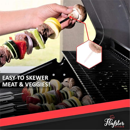 "FLAFSTER KITCHEN BBQ Skewers for Grilling - 16" Stainless Steel Flat Kebab Sticks with Push Bar, Reusable Metal Shish Kabob Skewers, Set of 6"