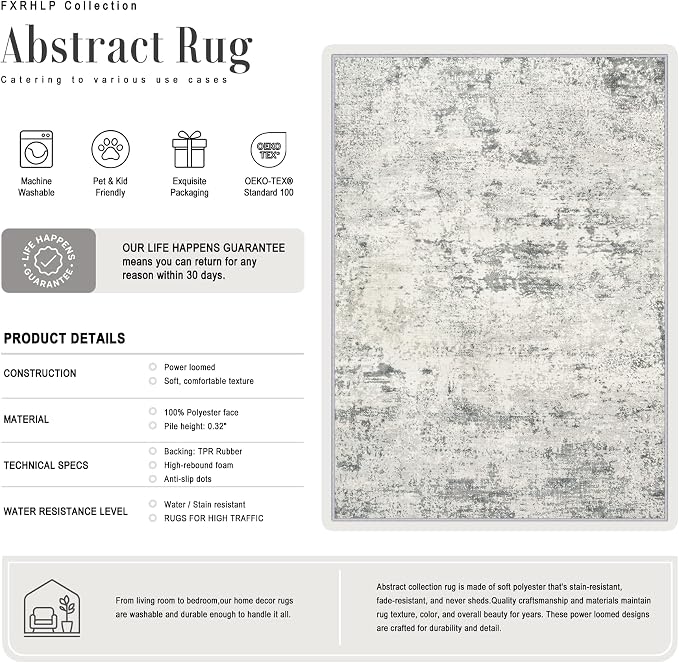 10x12 Area Rug Living Room: Modern Washable Indoor Soft Carpet Gray | - Image 2