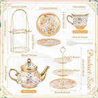 Maxcheck 21 Pcs Tea Party Set for Adults European Floral Tea Set with Metal Holder and 3 Tier Ceramic Cake Stand Porcelain Flower Cup Teapot for Dessert Cupcake(Stylish Style)