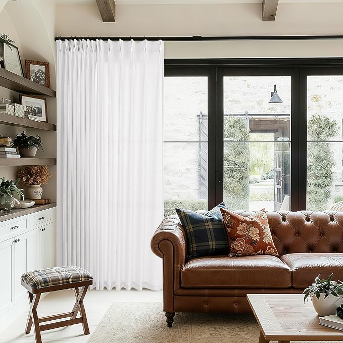 Extra Wide Pinch Pleat 100 x 84 Inch Linen Curtains White Semi Sheer | Light - Image 7