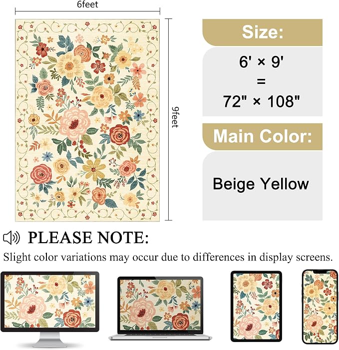 DUKINO 6x9 Area Rugs, Floral Washable Rug - Image 2