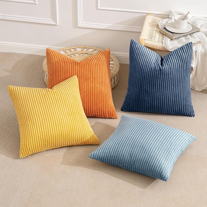 MIULEE Soft Corduroy Decorative Throw Pillow Covers Blue-Orange 20x20 | Set of 4 - Image 3