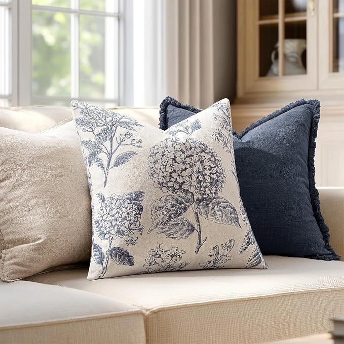 Set of 2 Decorative Floral Pillow Covers 18x18 Inch Navy Blue | Neutral - Image 3