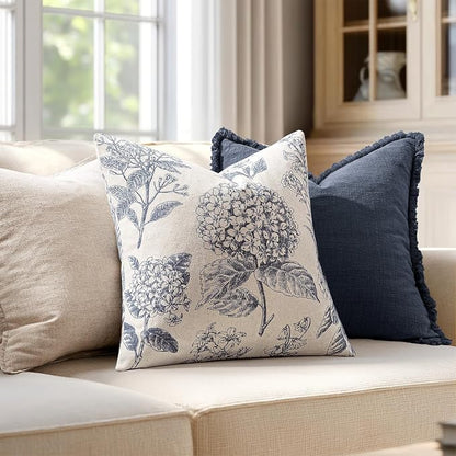 Set of 2 Decorative Floral Pillow Covers 18x18 Inch Navy Blue | Neutral - Image 3