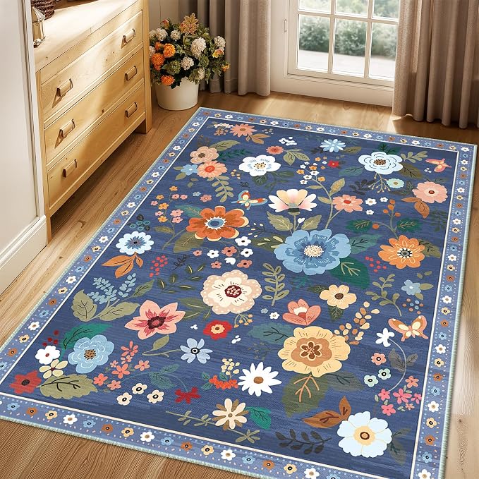 RELEANY Floral Washable 3x5 Area Rugs Blue/Grey | Flower Carpet Print Boho Cute - Image 9
