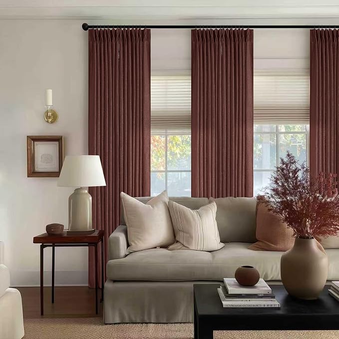 Country Brown Red Linen Pinch Pleated Semi Sheer Curtains 102 Inches Long | - Image 7