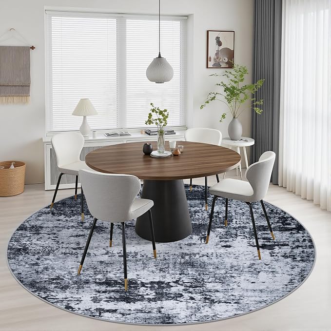 Round Area Rug Living Room: 6 ft Modern Washable Carpet Black | - Image 4
