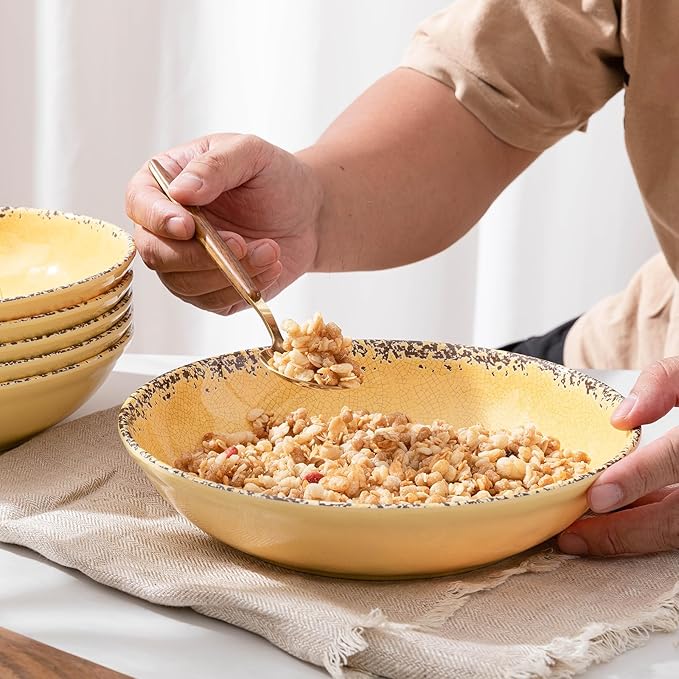 Farmhouse Melamine Pasta Bowls Set, 42 OZ Large Salad Bowls Set, 9.25 inch 6 Piece large Soup Bowls,Wide and Shadow Rustic Round Serving bowl, Set of 6 Dinner Bowl,Yellow…
