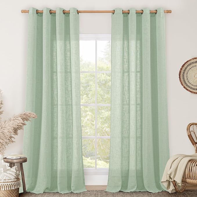 Linen Curtains 90 Inch Length for Living Room 2 Panels, Fresh Green Bronze by LAMIT