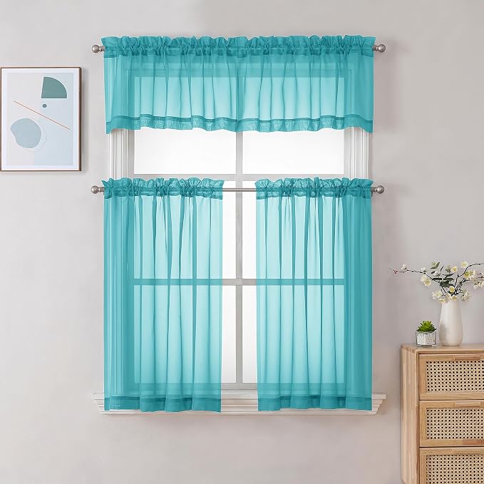 Chyhomenyc Sheer Turquoise Tier Curtains 24 Inch Length, Small Window Curtains - Image 2