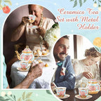 Zhehao 20 Pcs Porcelain Tea Set with Metal Holder and Spoon Adult Ceramic Tea Party Set European Flower Painting Teapot Cup Saucer Spoon Set for Women, Large Version(Vintage Style)