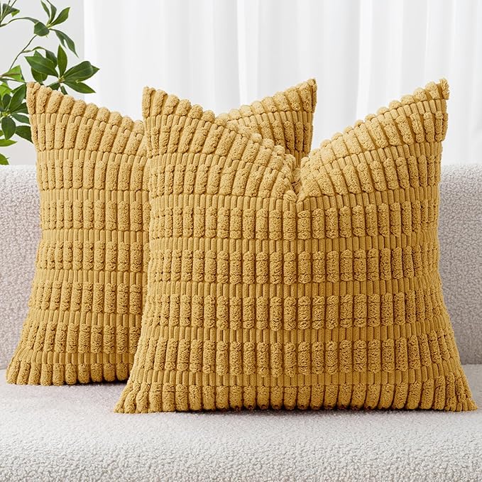 MIULEE Corduroy Decorative Throw Pillow Covers 20x20 Yellow Pack of 2 | Soft by MIULEE