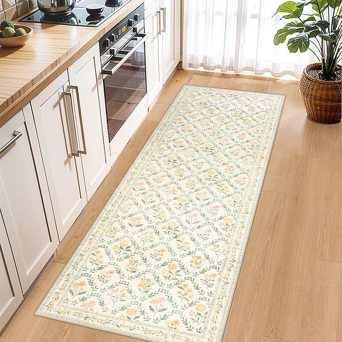 PLHXFR 2.6x8 Washable Runner Rug：Floral Indoor Kitchen Carpet Beige Multi | - Image 6