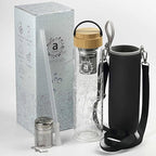 32oz Borosilicate Glass Water Bottle with Bamboo Lid and 2 Tea Infuser Sets for Fruit Infused Water and Cold Brew Coffee - Tea Strainer for Loose Leaf Tea (Flower)