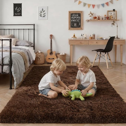 Area Rug Living Room Bedroom: 5x7 Fluffy Plush Shag Carpet Brown | - Image 7