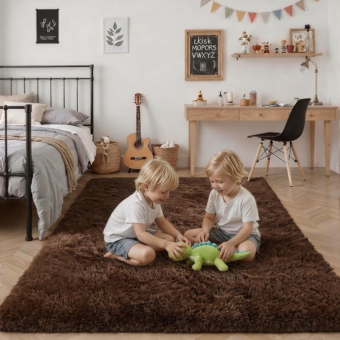 Area Rug Living Room Bedroom: 6x9 Fluffy Plush Shag Carpet Brown | - Image 7