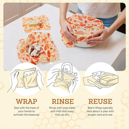 Bee's Wrap Beeswax Wraps for Food - Made in USA Reusable & Organic Food Wraps, Sandwich Wrap & Bowl Covers - Eco-Friendly Alternative to Aluminum Foil & Plastic Wrap, Mushroom Magic 3 Pack (S, M, L)