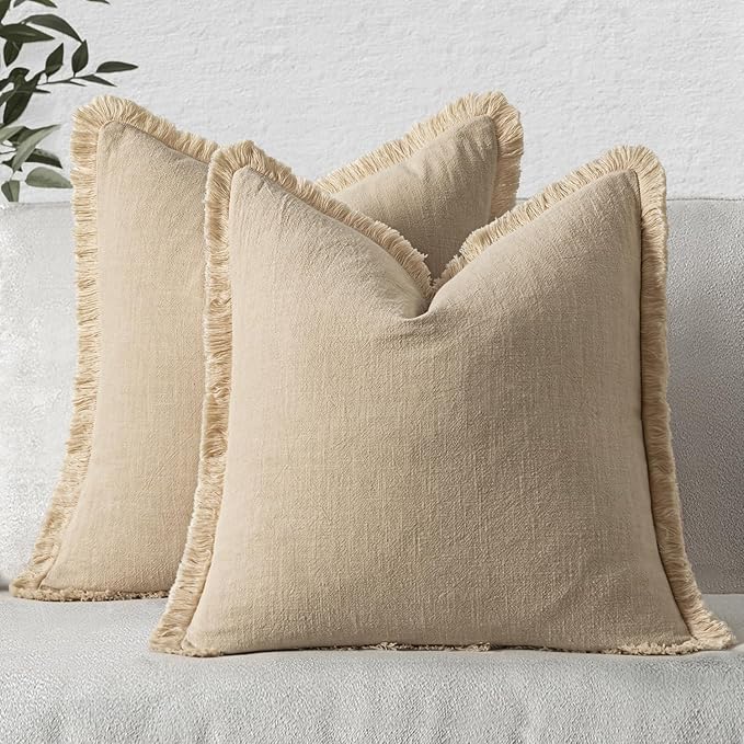 MIULEE Boho Linen Fringe Decorative Throw Pillow Covers Beige 16x16 | Set of 2 by MIULEE