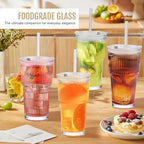 20oz Glass Cups with Lids and Straws, 4 Pack Vintage Ribbed Glass Tumblers for Iced Coffee, Smoothies, Thickened Wall Mason Jar Drinking Iced Coffee Cup