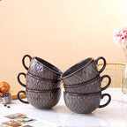Set of 6 Cups Vintage Design 12 oz Professional Barista Ceramic Latte Art Cappuccino Cups Set (Embossed Grey * 6)