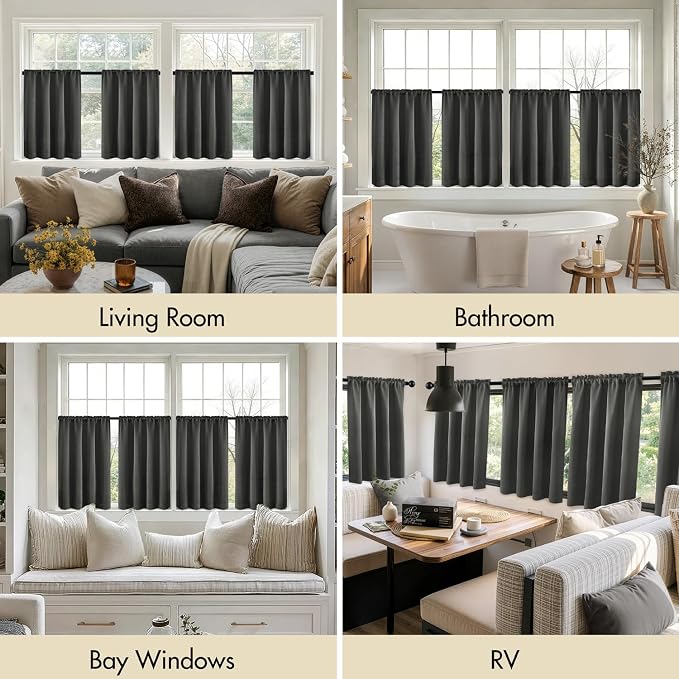 MIULEE Set of 4 Dark Grey 45 Inch Short Blackout Kitchen Window Curtains | - Image 6