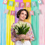 BRAVESHINE Tinsel Foil Fringe Curtains - 2Pcs 3.2x8.2ft Pastel Colourful Photo Backdrop for Sweet Birthdays Easter Bunny Bridal Shower Fairy Kids Candy Donut Party Decorations