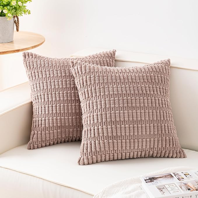 Pack of 2 Corduroy Decorative Throw Pillow Covers 24x24 Inch, Light Brown | by Unknown