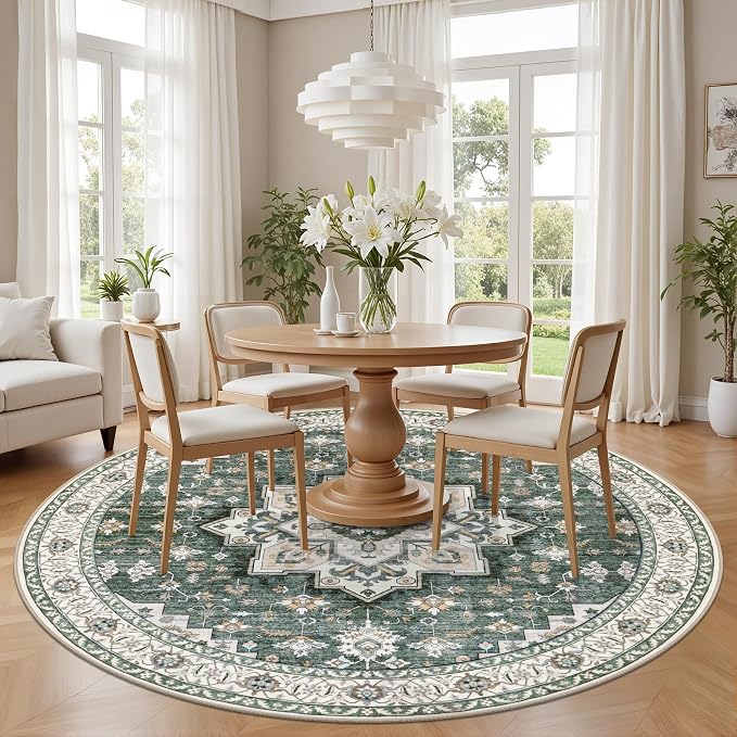 Round Area Rug for Living Room: 4ft Boho Washable Rug Green Ivory | Vintage - Image 3