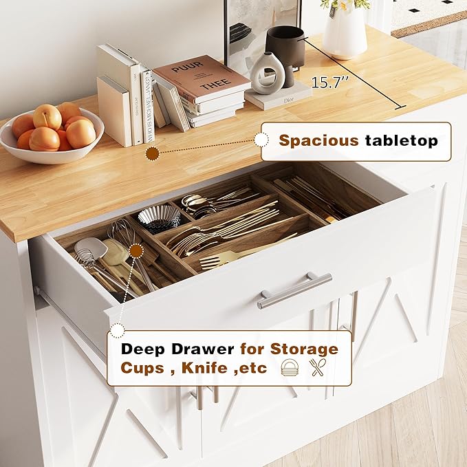 Vongrasig Buffet Cabinet with Drawers, 43” Coffee Bar Cabinet Farmhouse Kitchen Buffet Storage Cabinet with 3 Doors, Wood Buffet Table for Kitchen Living Room,White