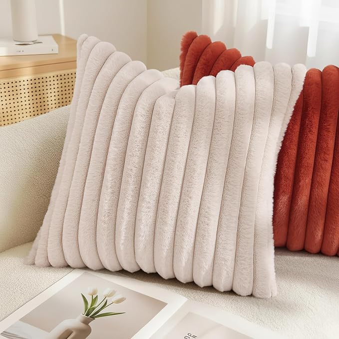 decorUhome Fall Faux Fur Throw Pillow Covers 24x24 Set of 2 Beige | Decorative - Image 4