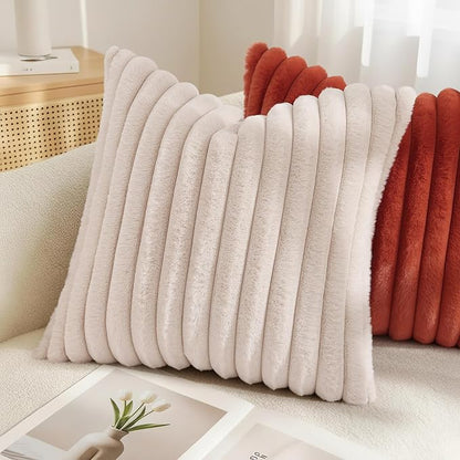 decorUhome Fall Faux Fur Throw Pillow Covers 24x24 Set of 2 Beige | Decorative - Image 4
