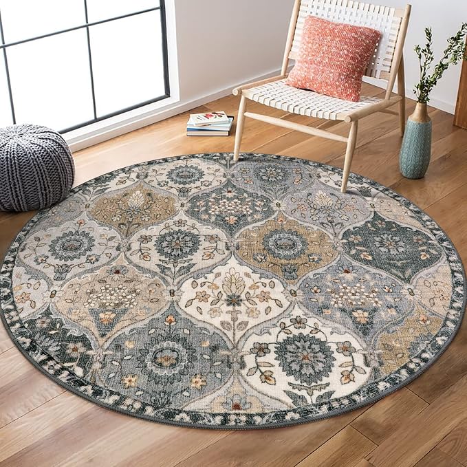 Lahome Moroccan Washable Round Area Rug, Soft Grey Vintage Round Rug 3ft | by Lahome