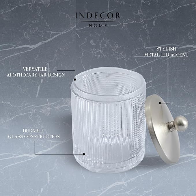 Glass Jar with Metal Lid for Bathroom Organization, Clear Apothecary Jar for Cotton Balls, Q Tips, and Small Accessories, Stylish Bathroom Storage Container Nickel, Clear