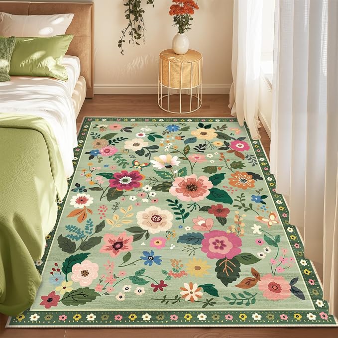 RELEANY Floral Washable 4x6 Area Rugs LightGreen | Flower Carpet Print Boho - Image 9