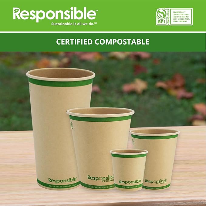 Certified Compostable 20 oz Paper Cups, Cold ＆ Hot Coffee Cups, Disposable Paper Cups, Extra Strength Disposable Cups, Made without PFAS (50 count)