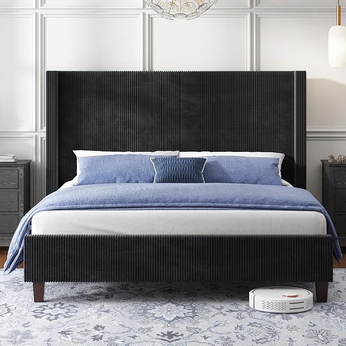 HOWE King Size Bed Frame with 50.8" Tall Wingback Headboard, Modern Corduroy - Image 3