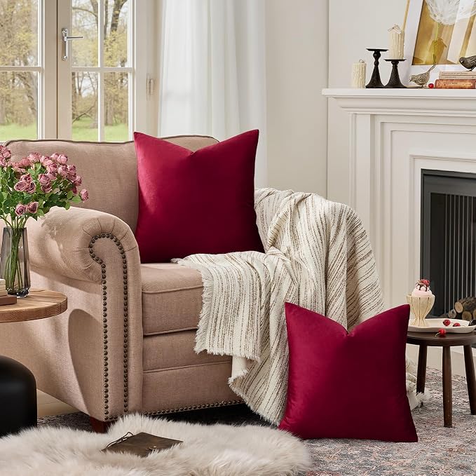 GIGIZAZA Burgundy Velvet Pillow Covers 20x20 Decorative Pillows Pack of 2 | Red - Image 3