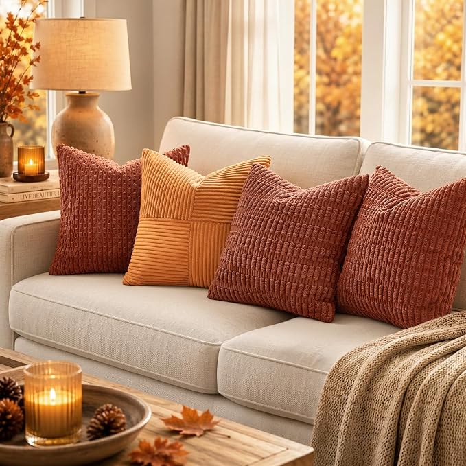 MIULEE Fall Euro Corduroy Decorative Throw Pillow Covers 24x24 Dark Rust | Pack - Image 3