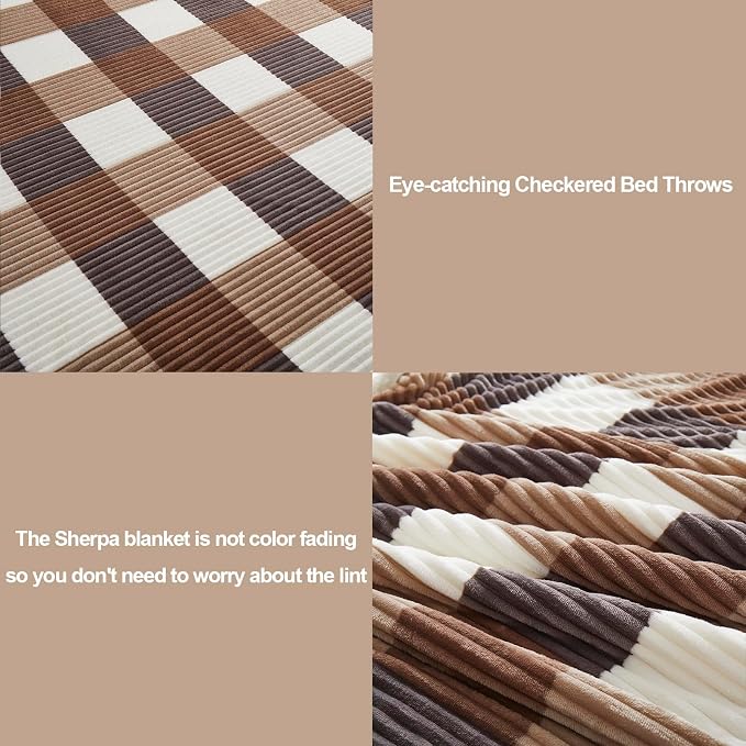 PU MEI Sherpa Blanket Full/Queen Plaid Thick Bed Blanket, 90”*80” Super Soft - Image 3