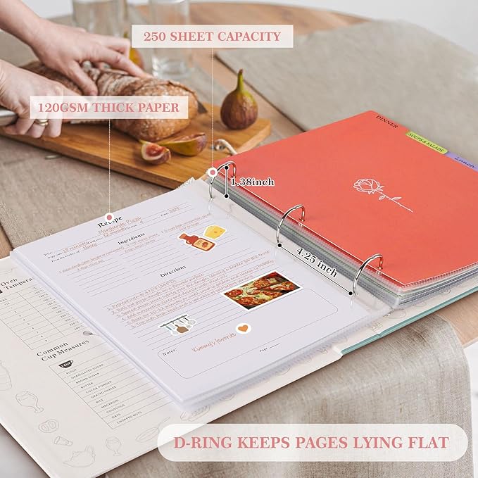 Lanpn Recipe Binder 8.5x11 3 Ring Kit, Blank Organizer Recipe Binder Waterproof Cookbook to Write in Your Own Recipes with 60 Plastic Sleeves,116 Recipes, Dividers,Labels & Stickers, Pink