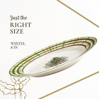 Spode Annual 2025 Collector Plate - Red & Green Plaid Border, Holiday Accent for Appetizers, Desserts & Display - 8 Inch Porcelain Plate, Microwave, Oven, Dishwasher & Freezer Safe