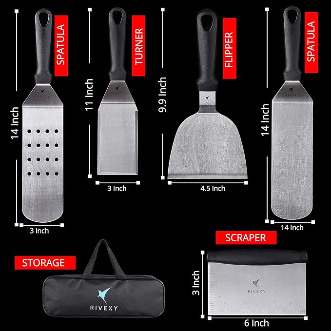 5-PCS Premium Griddle Accessories Kit, Ultimate Stainless Steel Flat Top Grill Accessories for Blackstone BBQ, Teppanyaki, Hibachi – Durable Griddle Spatula, Ideal for Outdoor & Camping